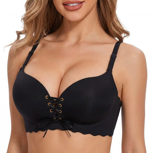 Drawstring Push Up Bra | Instant Cleavage & Anti-Sagging | Add 2 Cups Padded Wireless Strapless Bras Comfort Bra for A B C Cups Womenswear Minimalist Pink