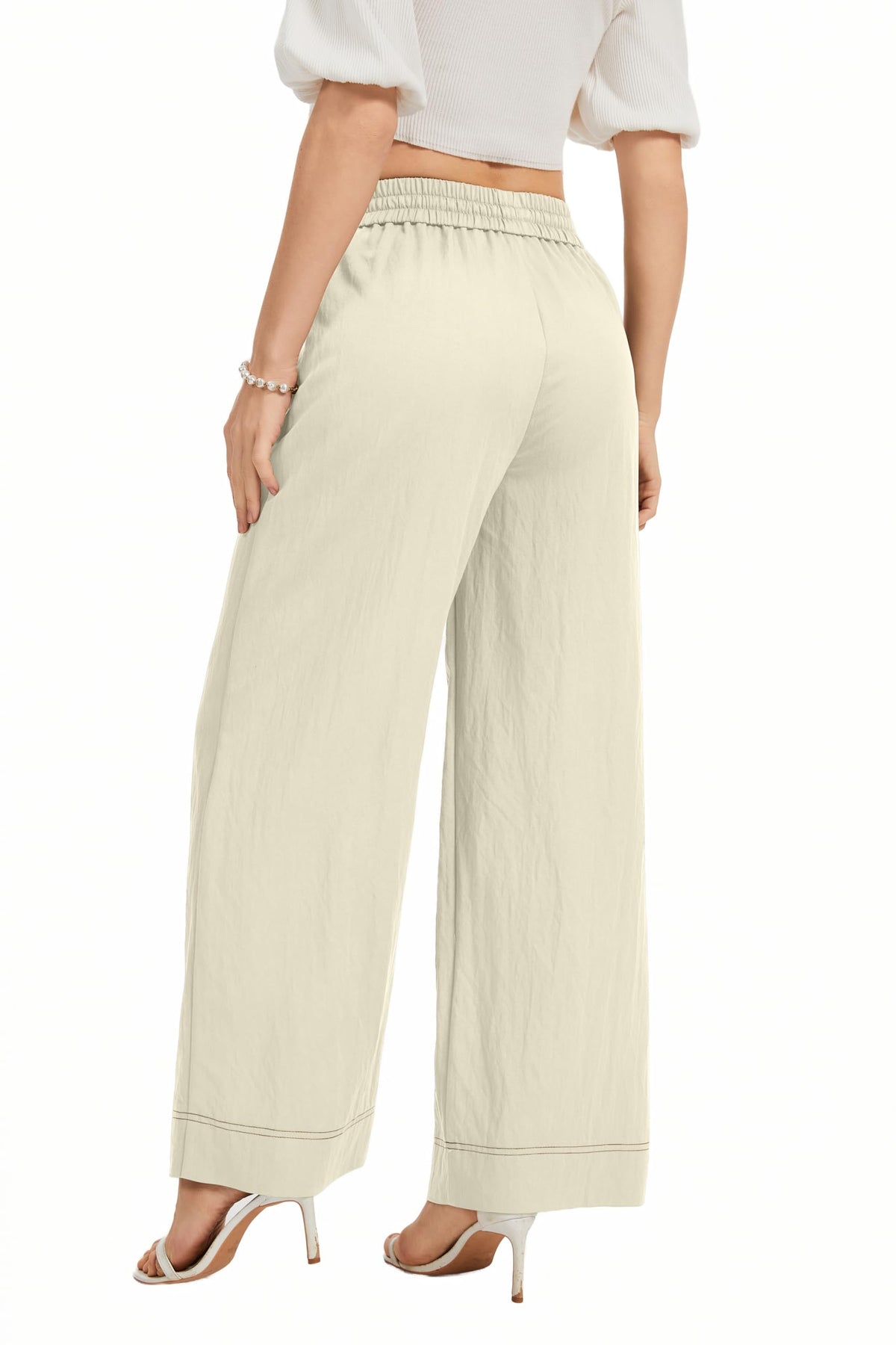 Women Flowy Pants Drawstring Waist Wide Leg Palazzo Beach Pants Loose Fit with