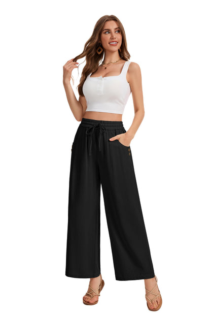 Women Flowy Pants Drawstring Waist Wide Leg Palazzo Beach Pants Loose Fit with