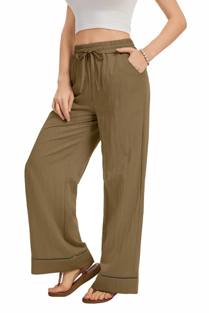 Women Flowy Pants Drawstring Waist Wide Leg Palazzo Beach Pants Loose Fit with