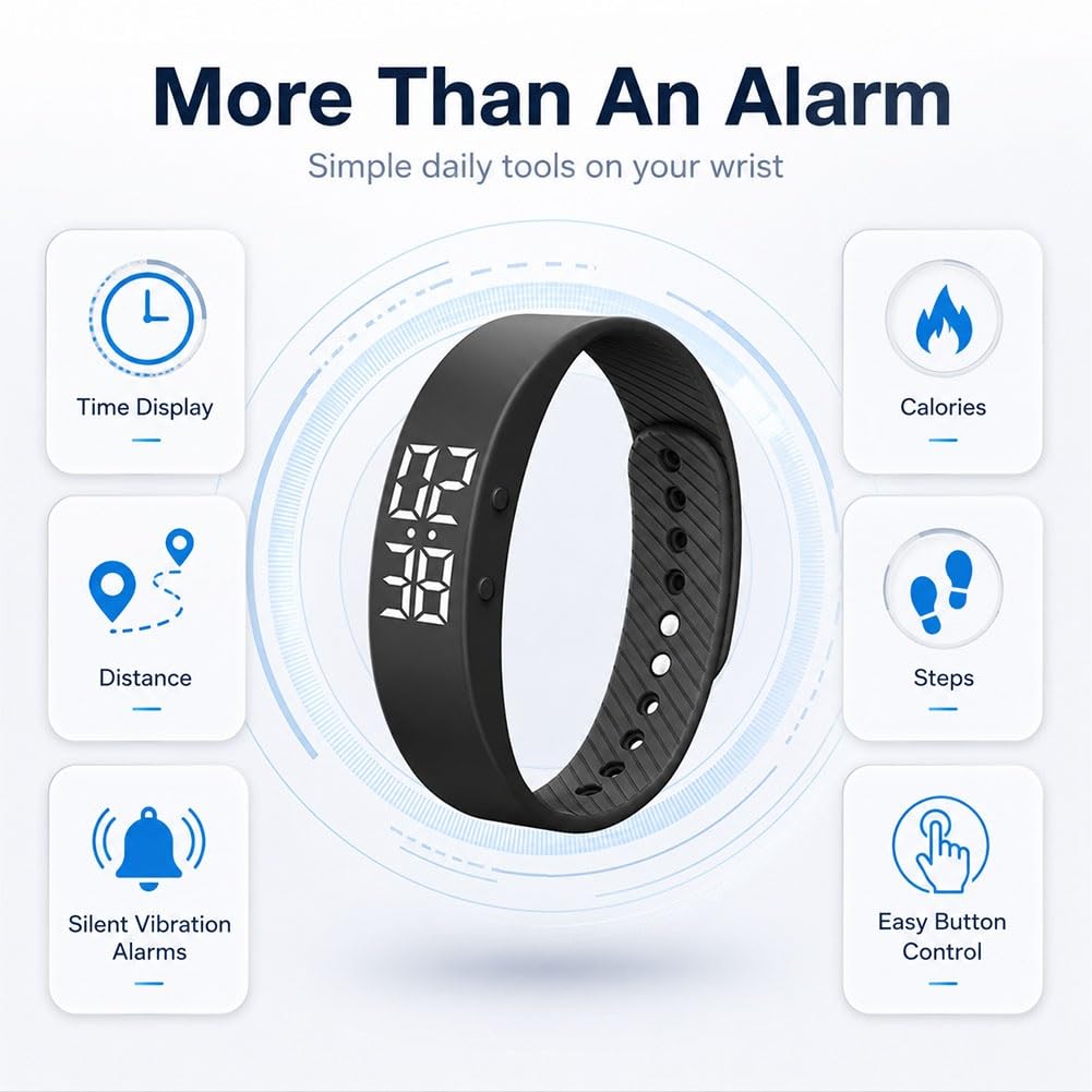 Vibrating Alarm Wristband Watch, Silent Shock Alarm Bracelet for Heavy Sleepers, Waterproof Digital Wristband for Men Women Travel