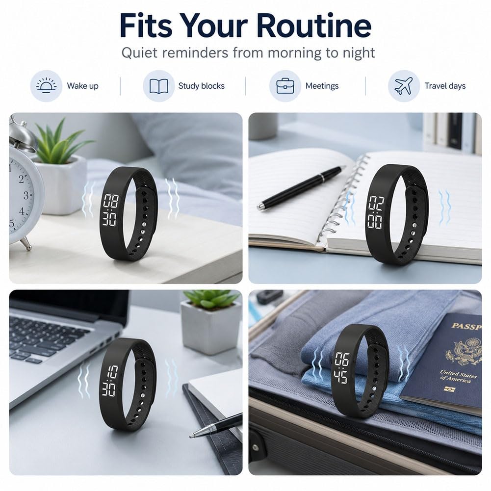 Vibrating Alarm Wristband Watch, Silent Shock Alarm Bracelet for Heavy Sleepers, Waterproof Digital Wristband for Men Women Travel