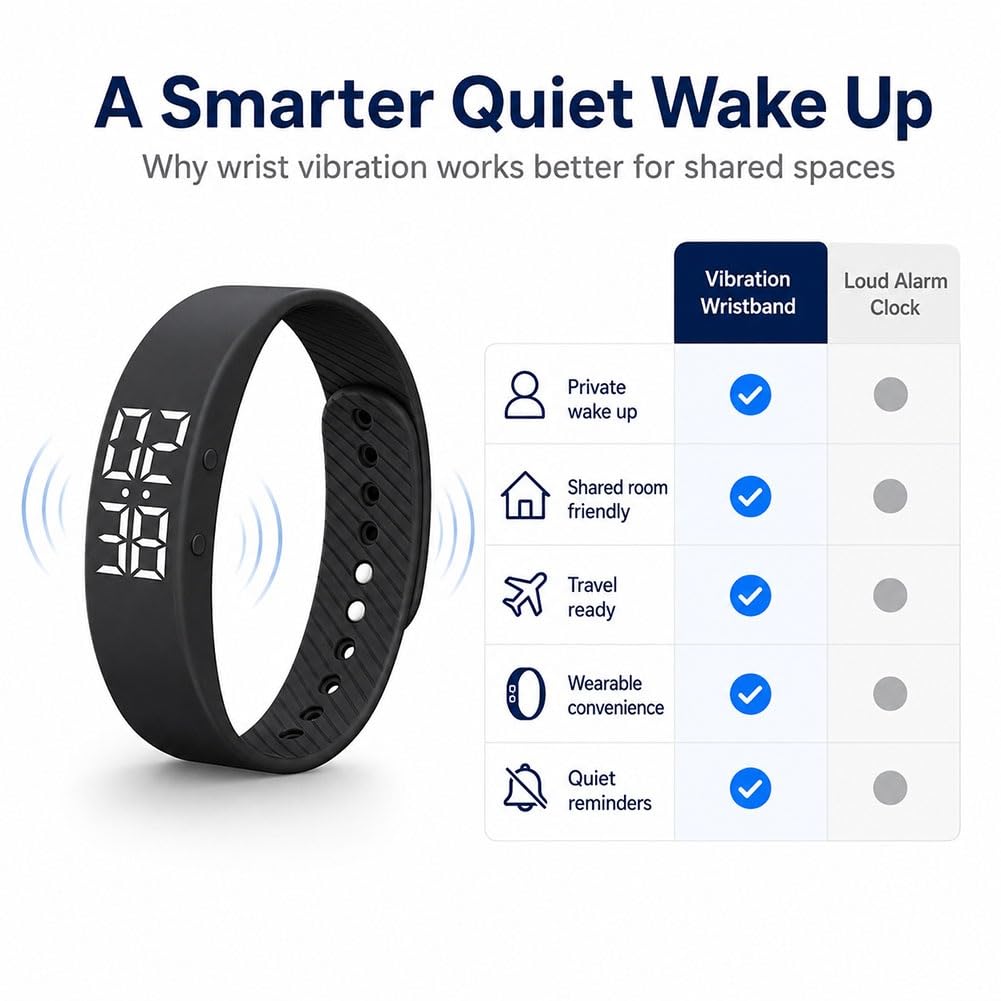 Vibrating Alarm Wristband Watch, Silent Shock Alarm Bracelet for Heavy Sleepers, Waterproof Digital Wristband for Men Women Travel