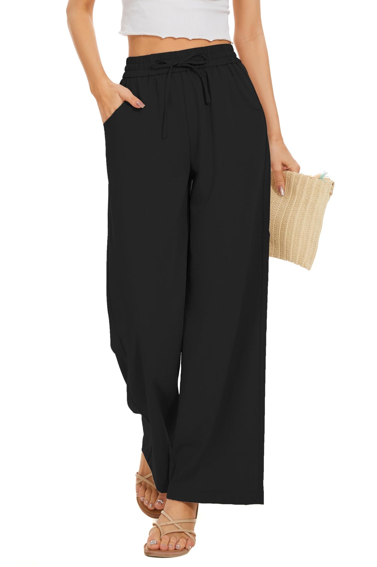 Women Flowy Pants Drawstring Waist Wide Leg Palazzo Beach Pants Loose Fit with