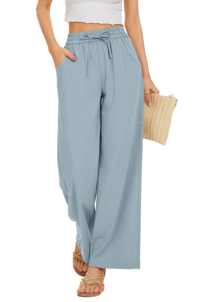 Women Flowy Pants Drawstring Waist Wide Leg Palazzo Beach Pants Loose Fit with