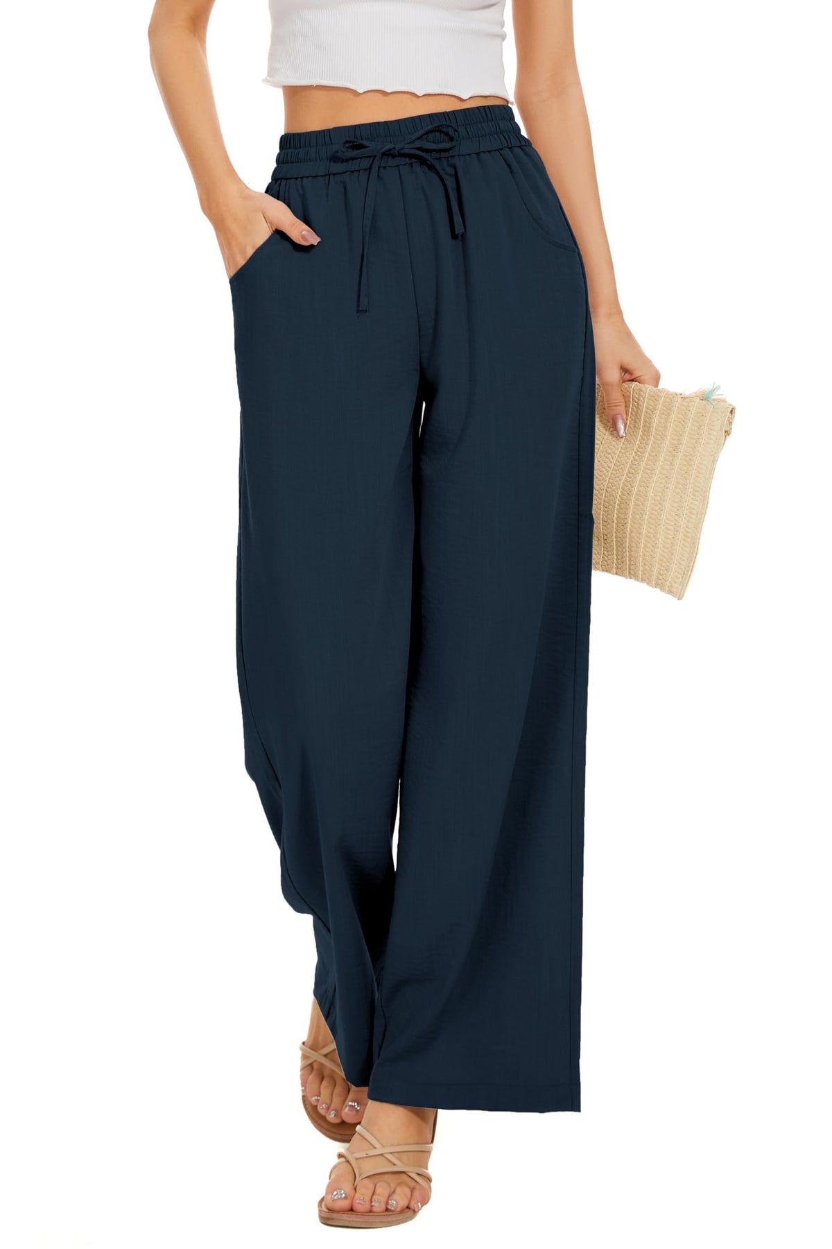 Women Flowy Pants Drawstring Waist Wide Leg Palazzo Beach Pants Loose Fit with