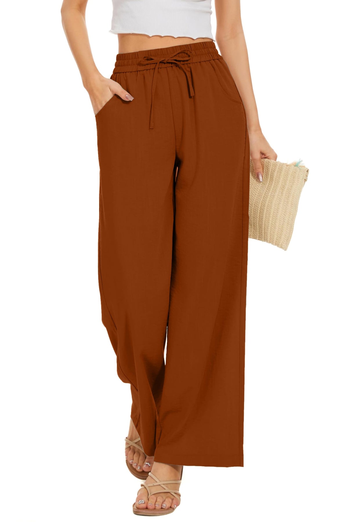 Women Flowy Pants Drawstring Waist Wide Leg Palazzo Beach Pants Loose Fit with