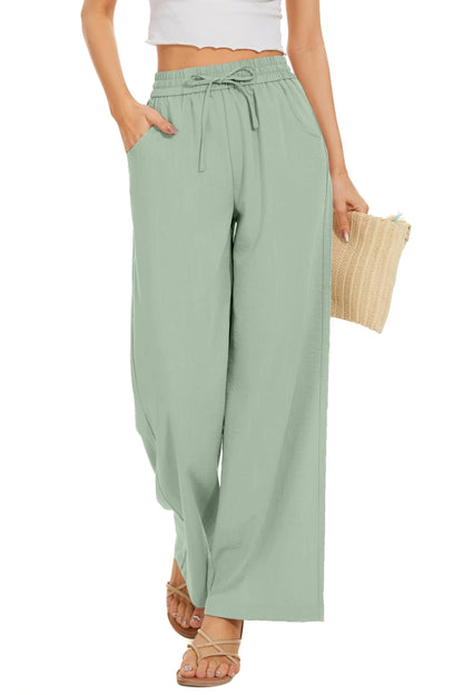 Women Flowy Pants Drawstring Waist Wide Leg Palazzo Beach Pants Loose Fit with
