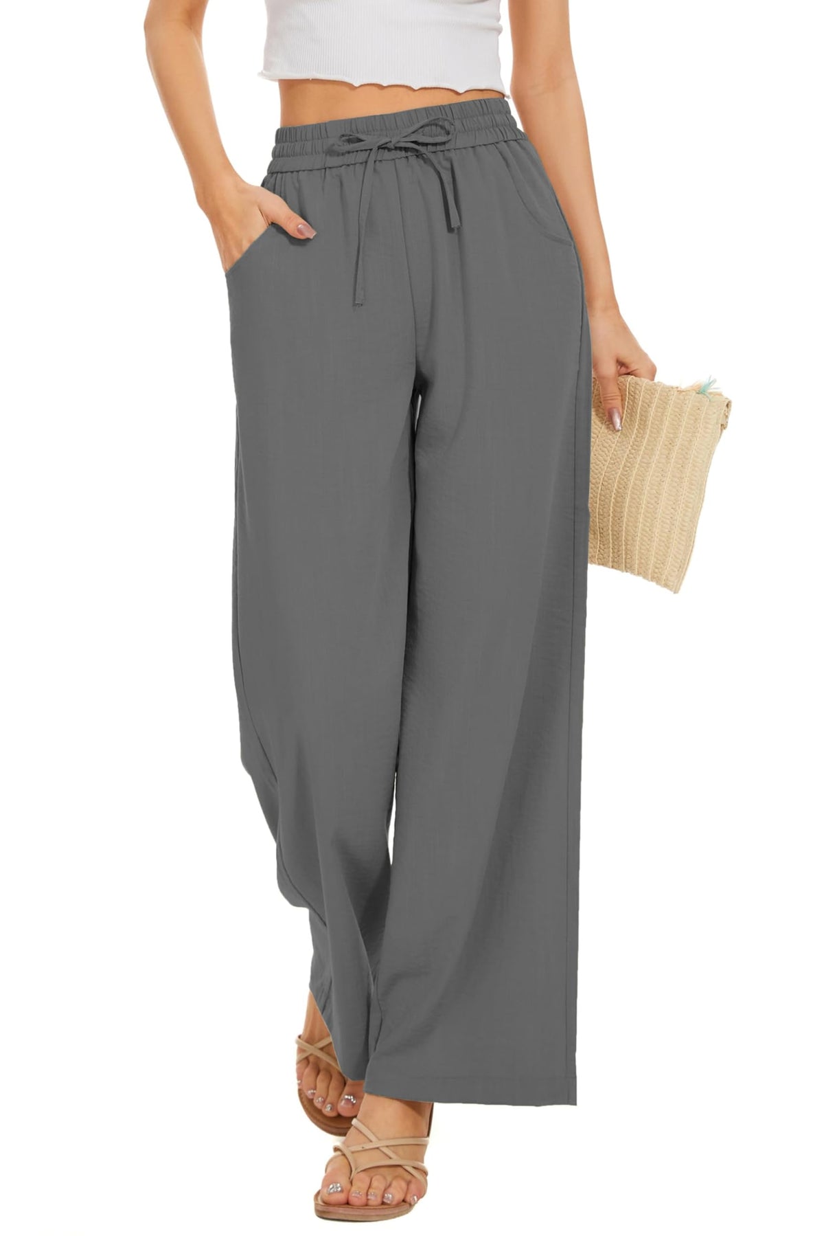 Women Flowy Pants Drawstring Waist Wide Leg Palazzo Beach Pants Loose Fit with