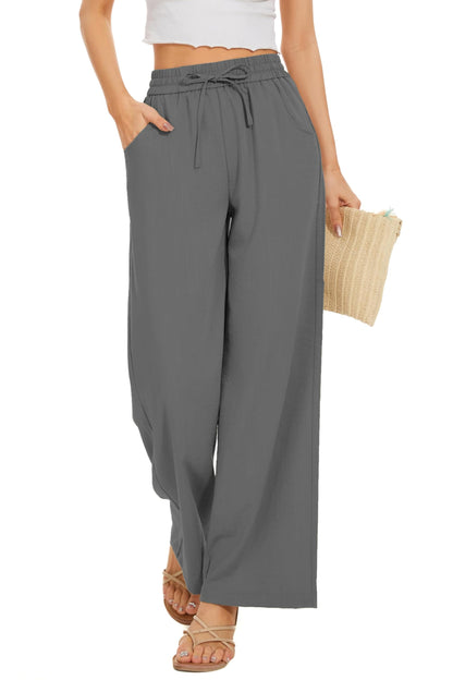 Women Flowy Pants Drawstring Waist Wide Leg Palazzo Beach Pants Loose Fit with