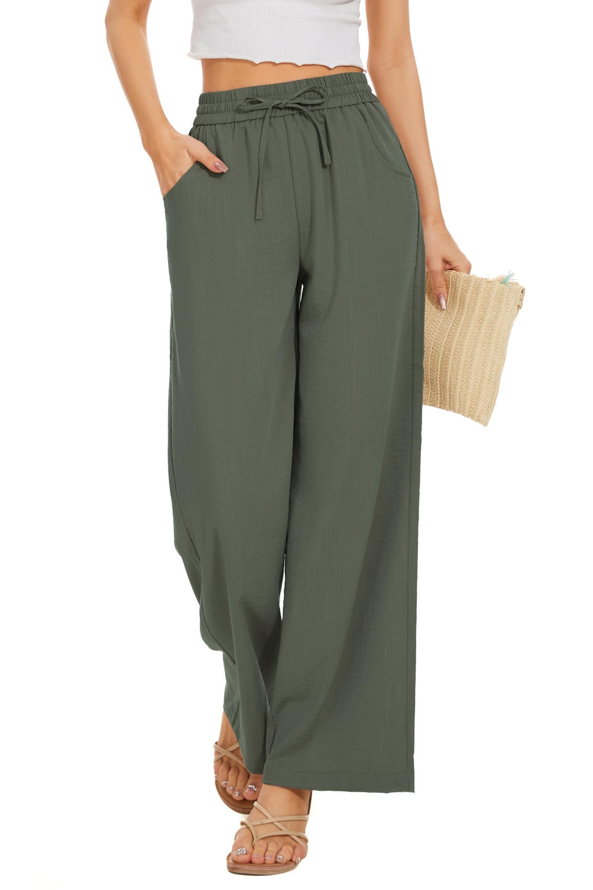 Women Flowy Pants Drawstring Waist Wide Leg Palazzo Beach Pants Loose Fit with