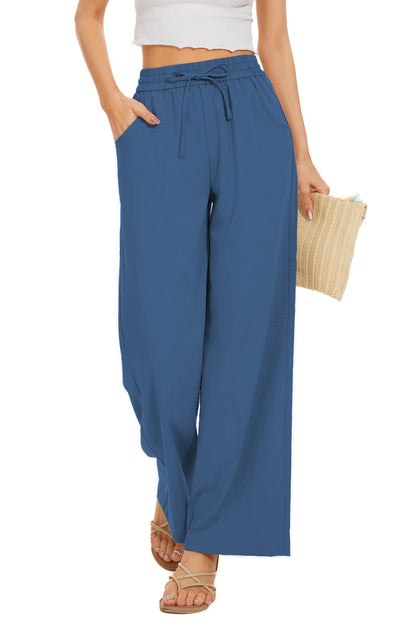Women Flowy Pants Drawstring Waist Wide Leg Palazzo Beach Pants Loose Fit with