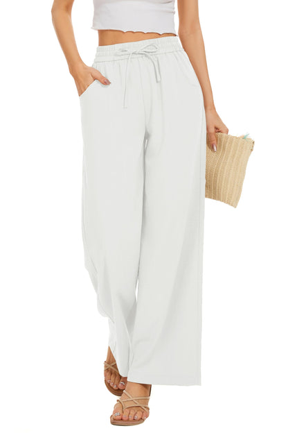 Women Flowy Pants Drawstring Waist Wide Leg Palazzo Beach Pants Loose Fit with