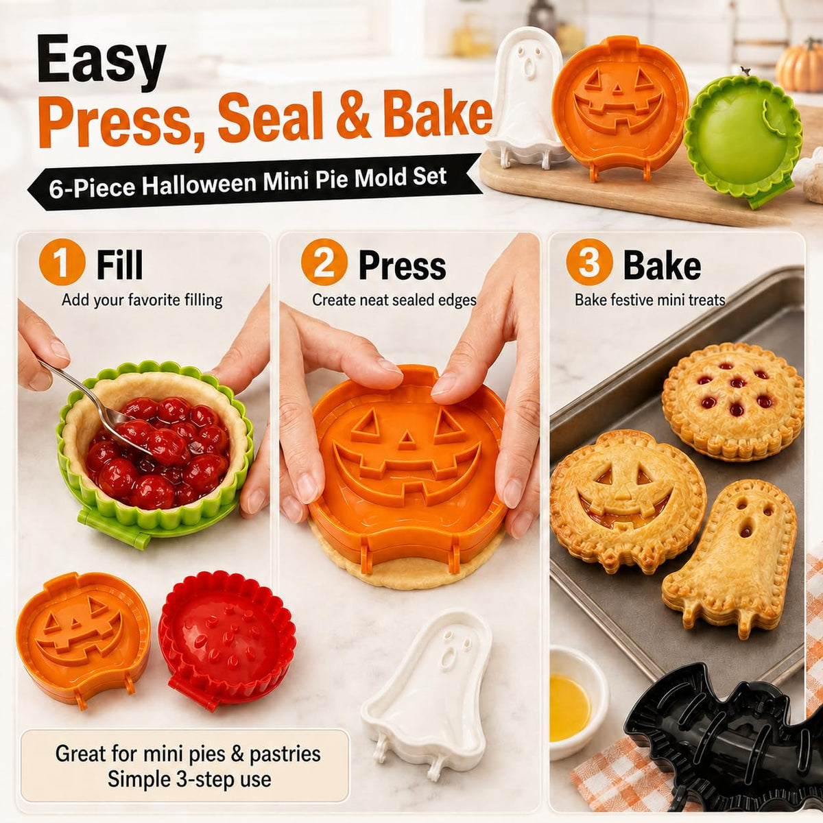 6 PCS Holiday Mini Hand Pie Molds Set, Hand Pie Maker Press for Fall Baking, Halloween & Thanksgiving
